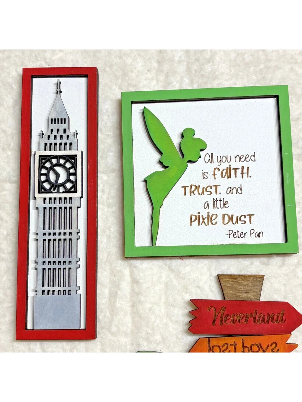 lot of 6 Pcs Peter Pan Tiered Tray Decor Set Wooden Signs - hand painted OOAK
